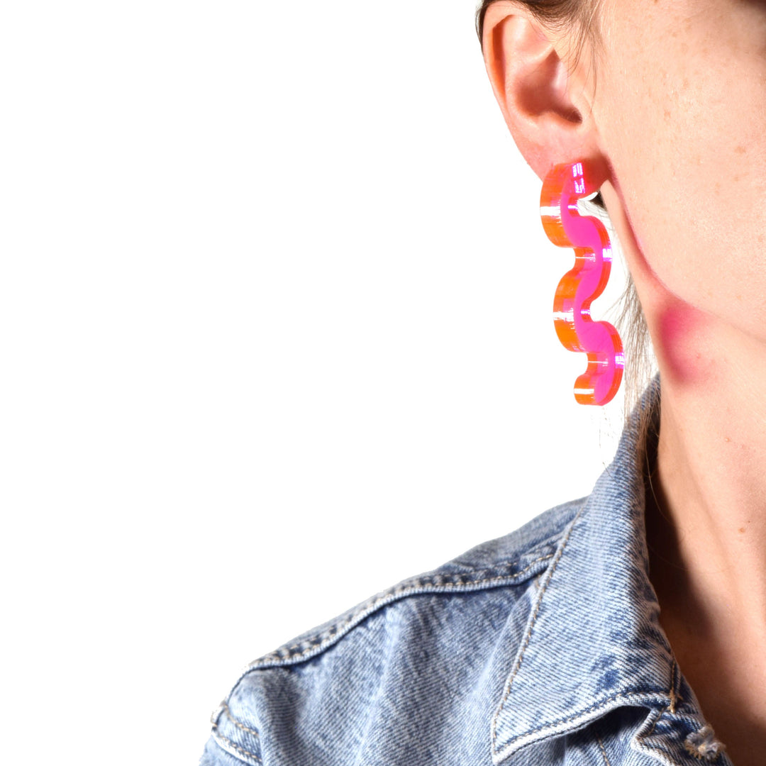 Chunky Squiggle Statement Earrings - Black Light Reactive Clear Pink