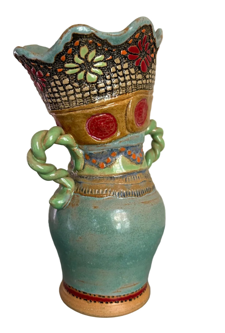 Artist signed studio pottery vase with twisted handles