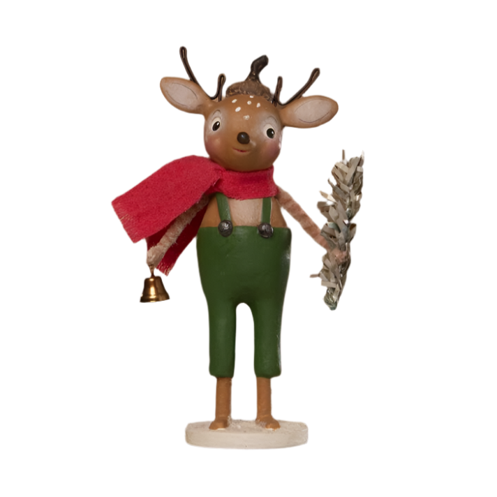 bethany lowe christmas - A hand-painted resin reindeer figurine wearing green pants with suspenders, a red scarf, and holding a tinsel sprig in one hand and a jingling bell in the other.