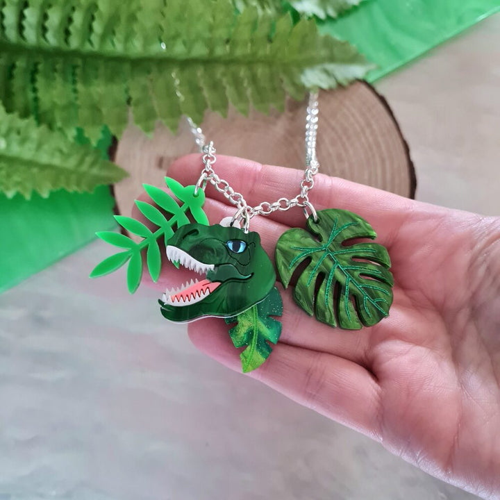 T Rex Dinosaur Charm Leaf Pendant by Cherryloco Jewellery 2