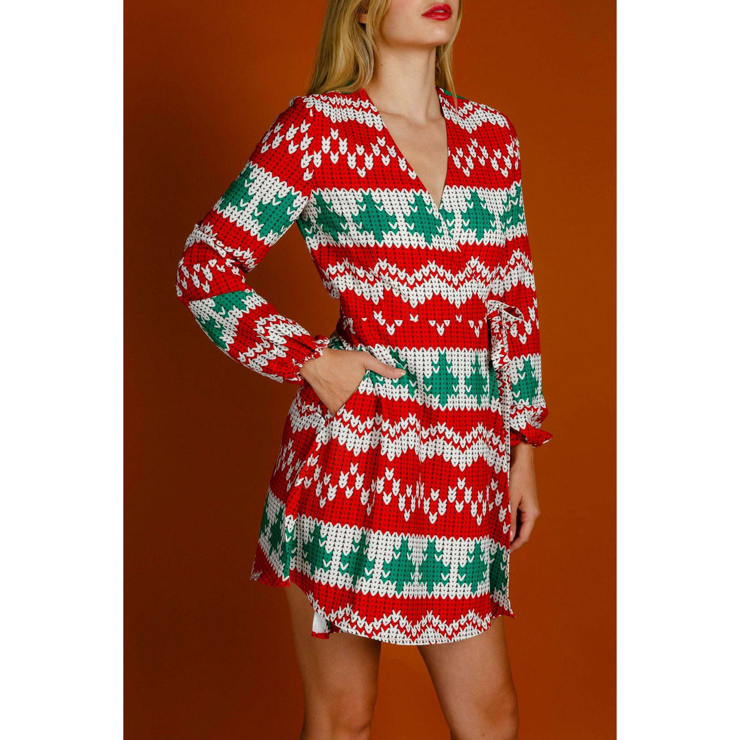 The Red Ryder | Knit Print Christmas Wrap Dress