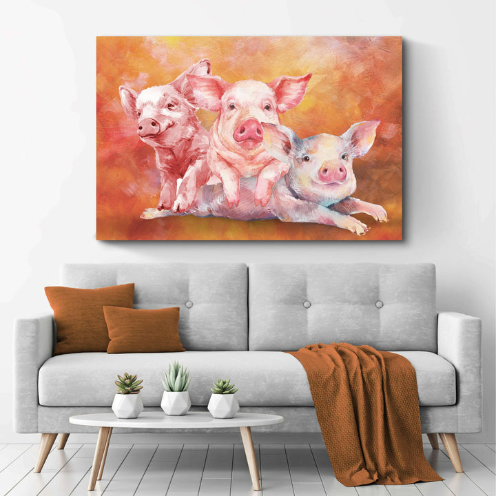 Three Baby Pigs Watercolor Canvas Wall Art