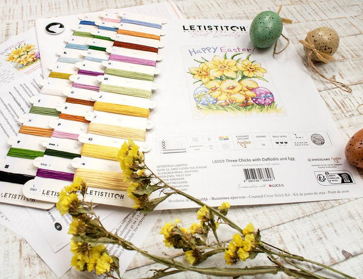 Three Chicks with Daffodils and Egg L8059 Counted Cross Stitch Kit