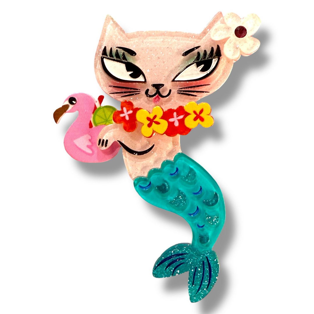 Cat-shaped mermaid acrylic brooch with a flamingo, flowers, and a flower tiki merkitty brooch by lipstick and chrome miss fluff