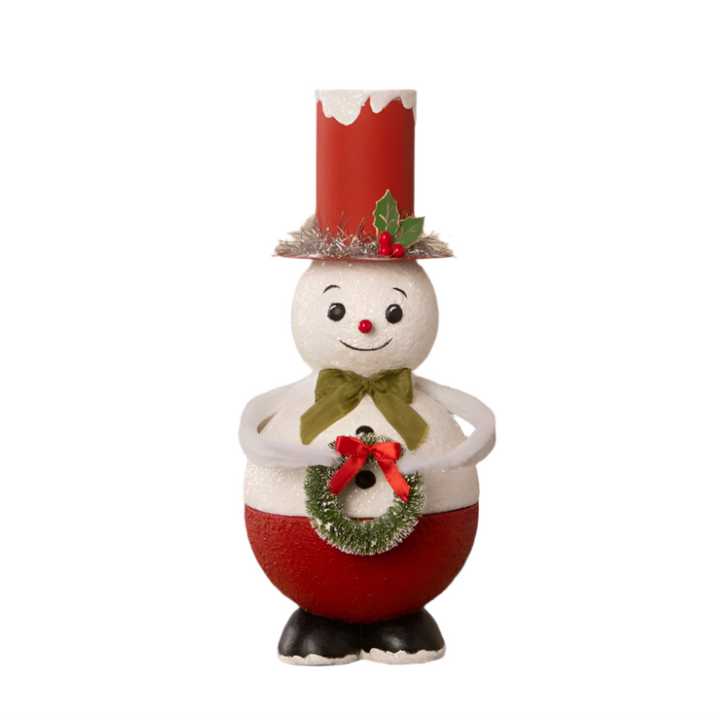 bethany lowe christmas festive red and white snowman container with a tall hat and a wreath, decorated with glitter and holiday ornaments.