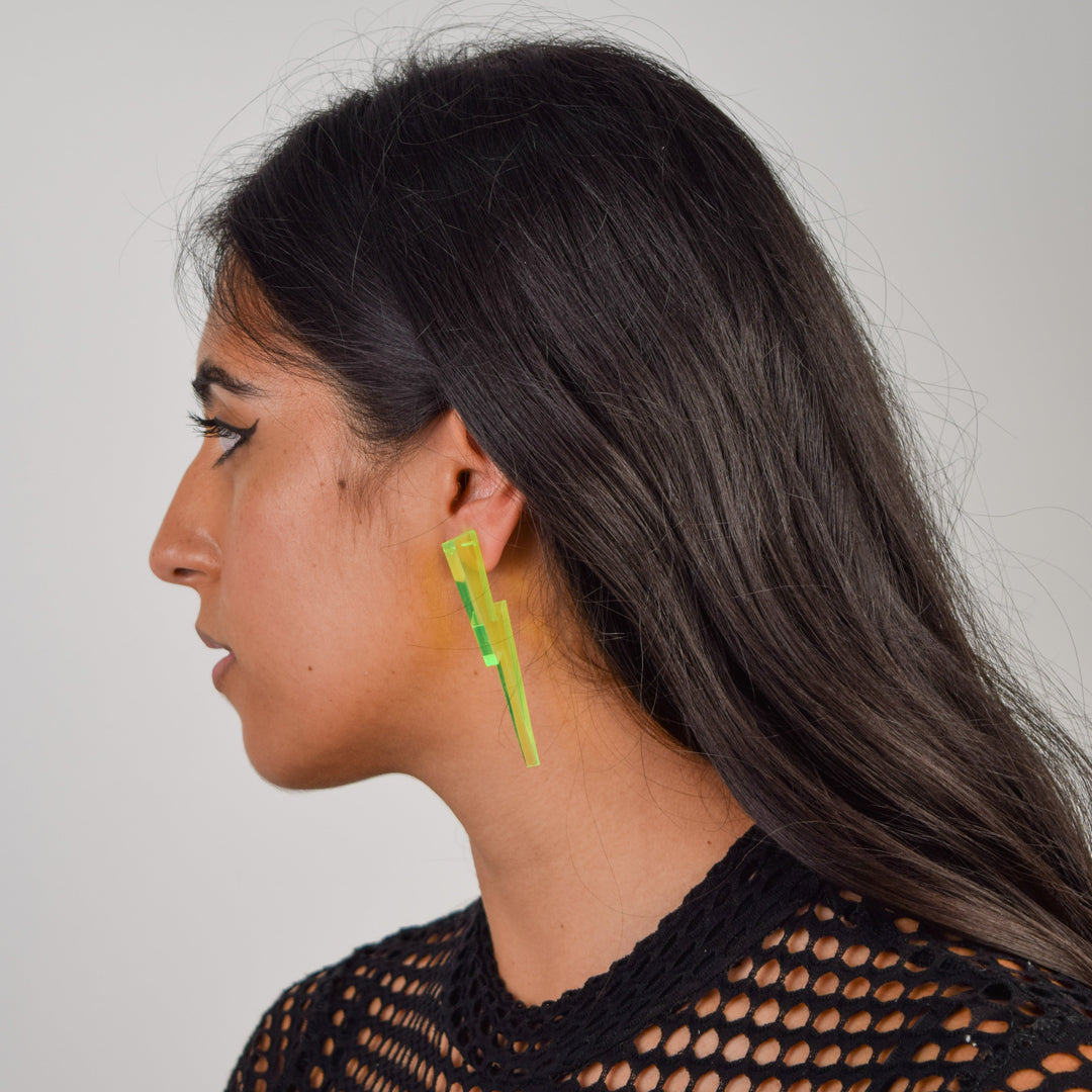 Chunky Statement Lightning Bolt Earrings in Black Light Reactive Clear Green