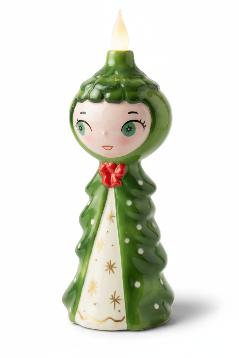 Tree Girl Candle-Lite vintage inspired mid century Christmas ceramic figurine with gold accents