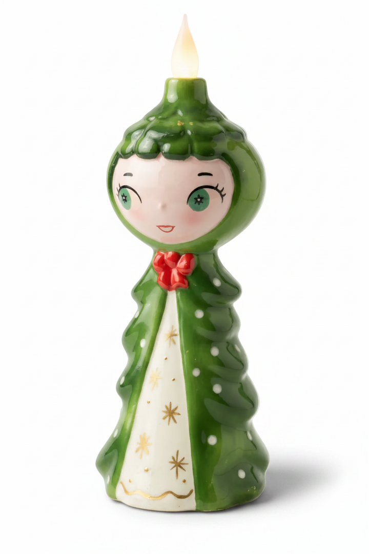 Tree Girl Candle-Lite vintage inspired mid century Christmas ceramic figurine with gold accents