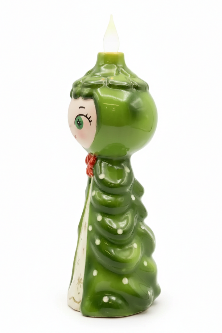 side view of tree girl candle lite vintage inspired mid century Christmas ceramic figurine