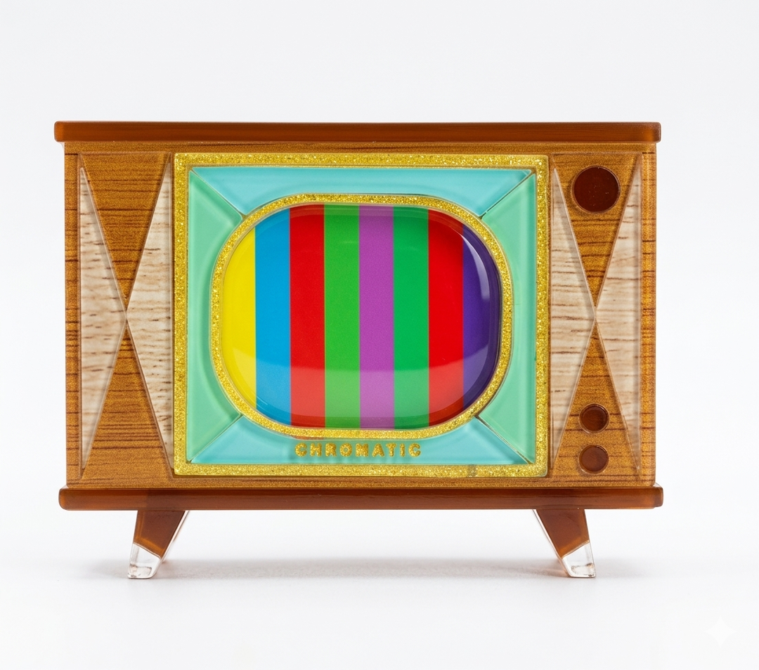 tune in retro mid century tv acrylic brooch by lipstick and chrome