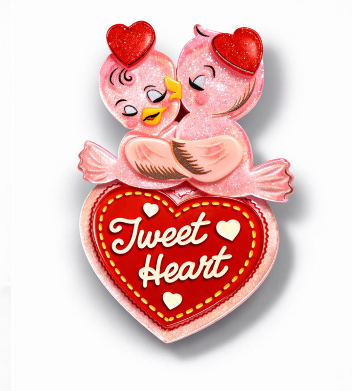 Tweet Heart lovebirds brooch — layered resin Valentine's Day brooch by 50's Vintage Dame x Lipstick & Chrome