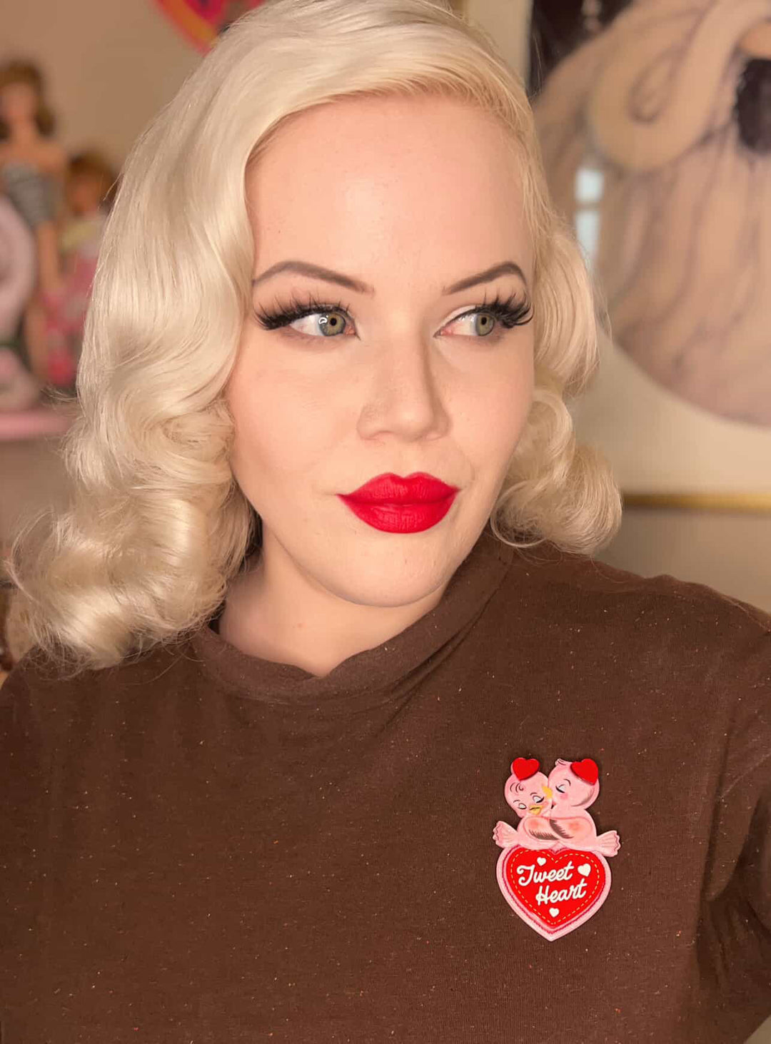 Tweet Heart brooch by 50's Vintage Dame and Lipstick & Chrome — retro Valentine lovebirds design