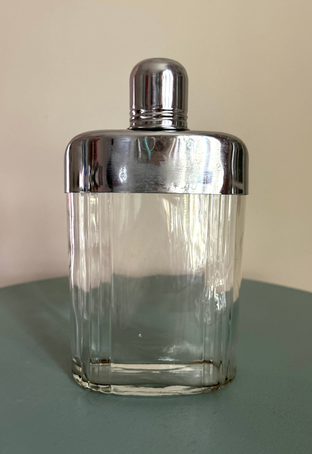 Vintage ribbed glass hip flask with chrome top