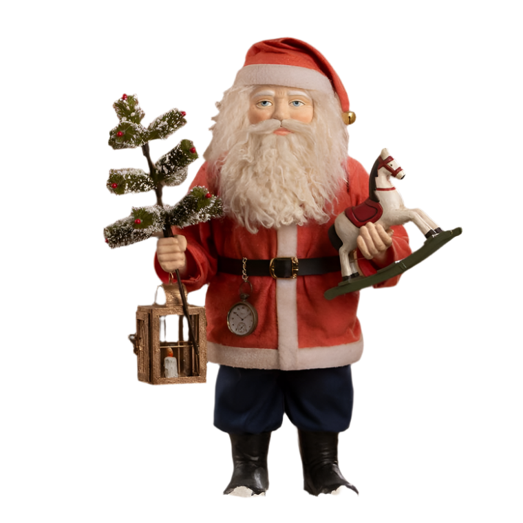 Decorative figure of vintage Santa Claus holding a small tree and a deer 
