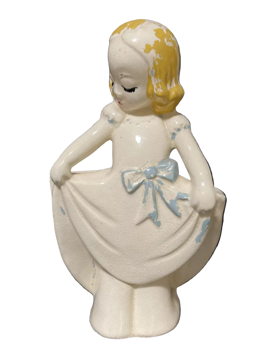 A vintage 1940's Oakwood Artware Shy Anne Double Planter Vase, predominantly white with blue and yellow accents.