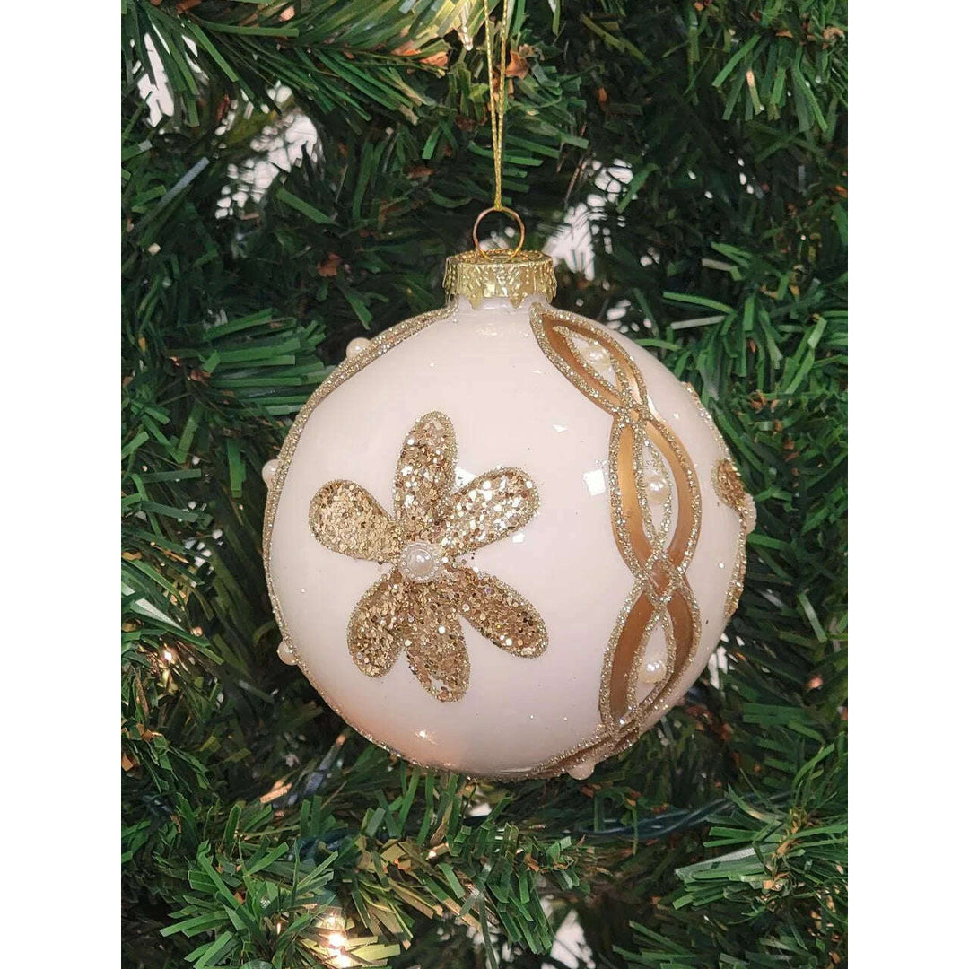 White Ball with Gold Flower Glass Christmas Ornament F07M7-30-LH76-23098
