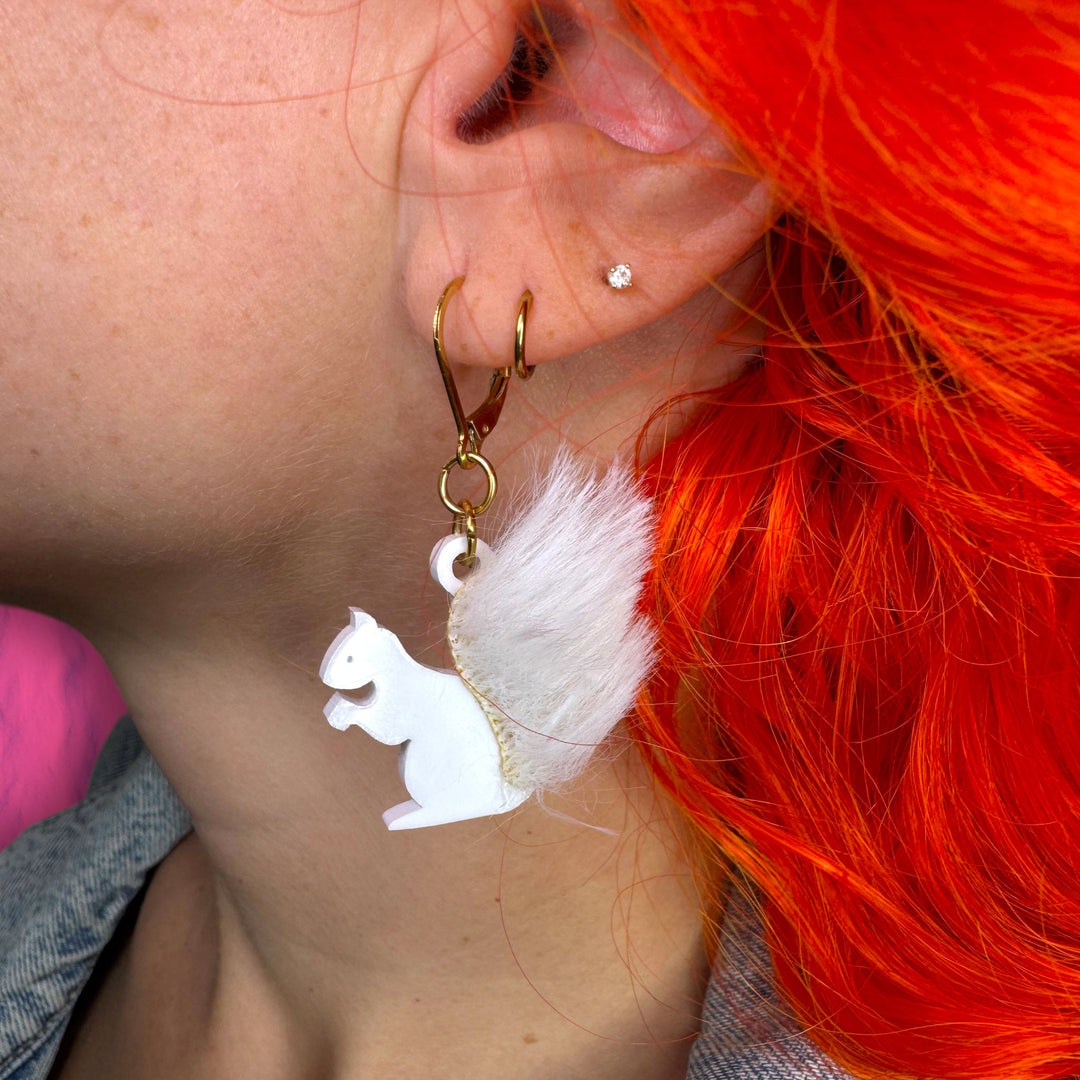 LAST CHANCE! Fluffy Lucky Albino Squirrel Dangle Earrings with Faux Fur