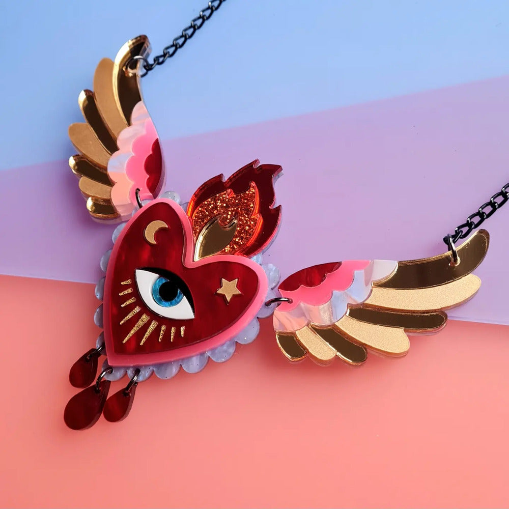 Winged Flaming Heart Statement Necklace by Cherryloco Jewellery 3