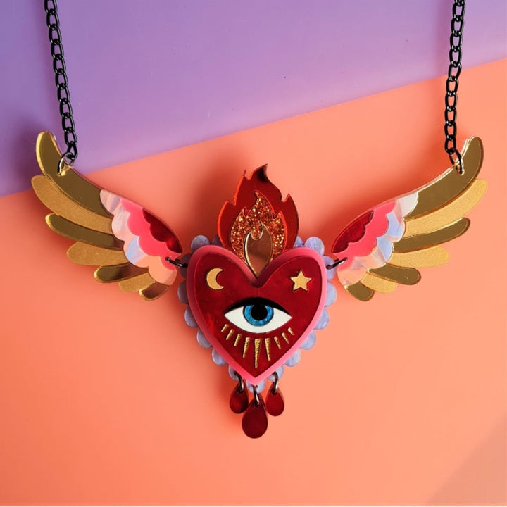 Winged Flaming Heart Statement Necklace by Cherryloco Jewellery 4