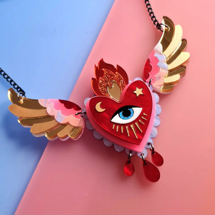 Winged Flaming Heart Statement Necklace by Cherryloco Jewellery 
