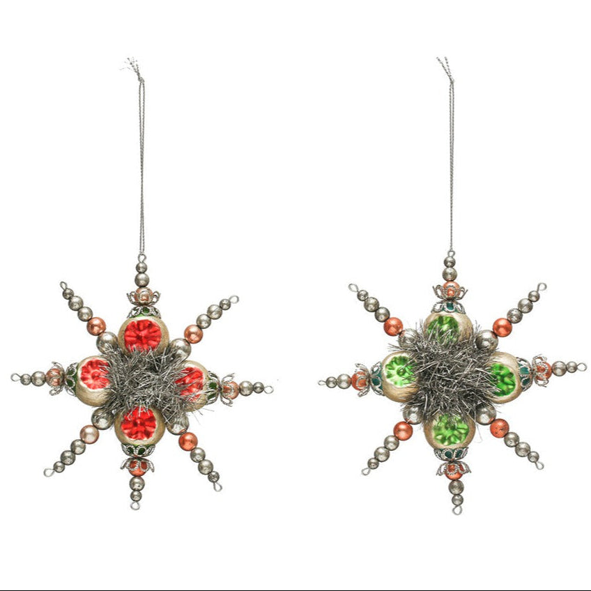 5-1/4"H Glass Beaded Jewel Vintage Style Snowflake Ornament w/ Tinsel, 2 Colors by Creative Co-Op