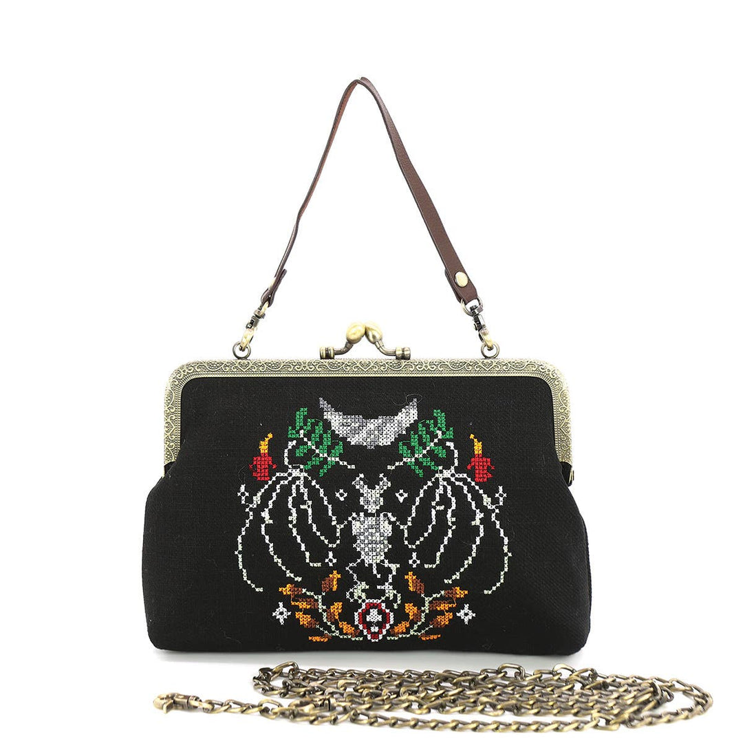 Skull Bat Vintage Kisslock Handbag in Linen Blend