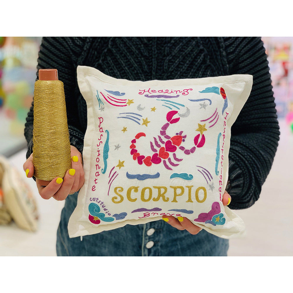 Aquarius Astrology Hand-Embroidered Pillow by Cat Studio
