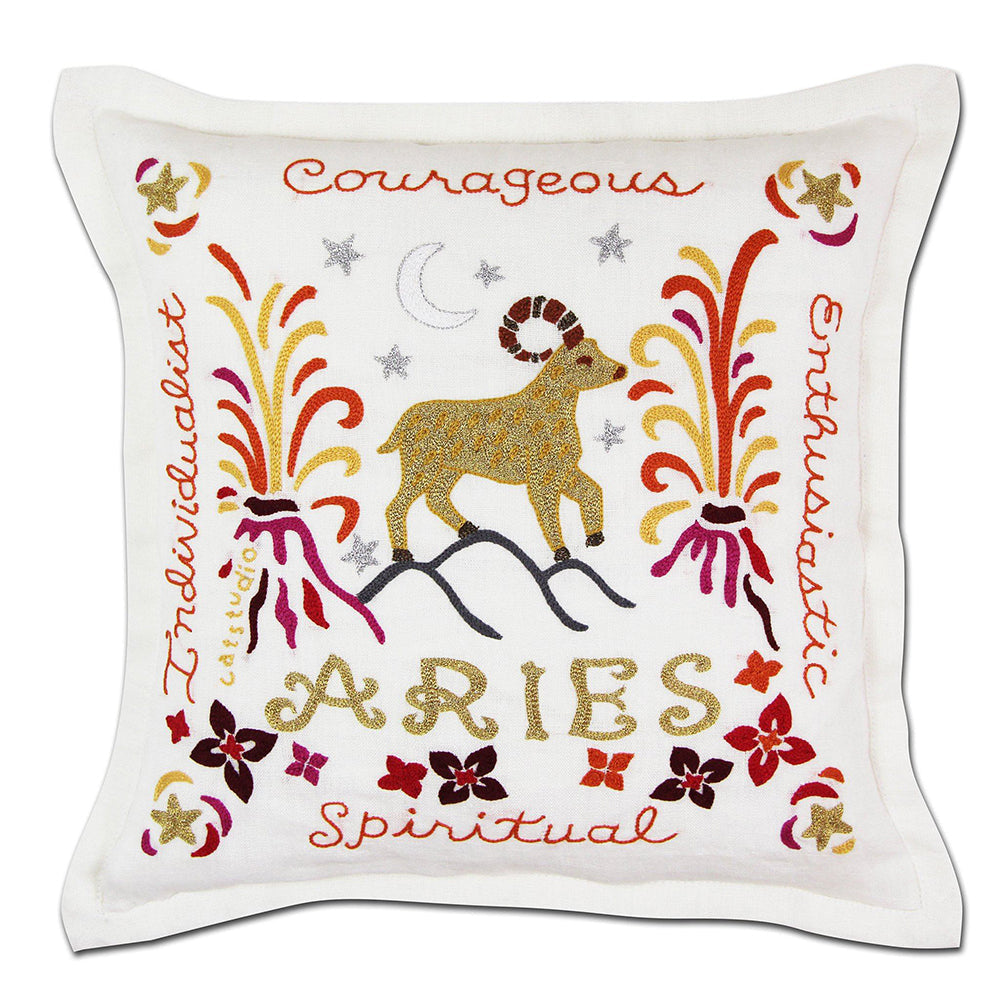 Aries Astrology Hand-Embroidered Pillow by Cat Studio