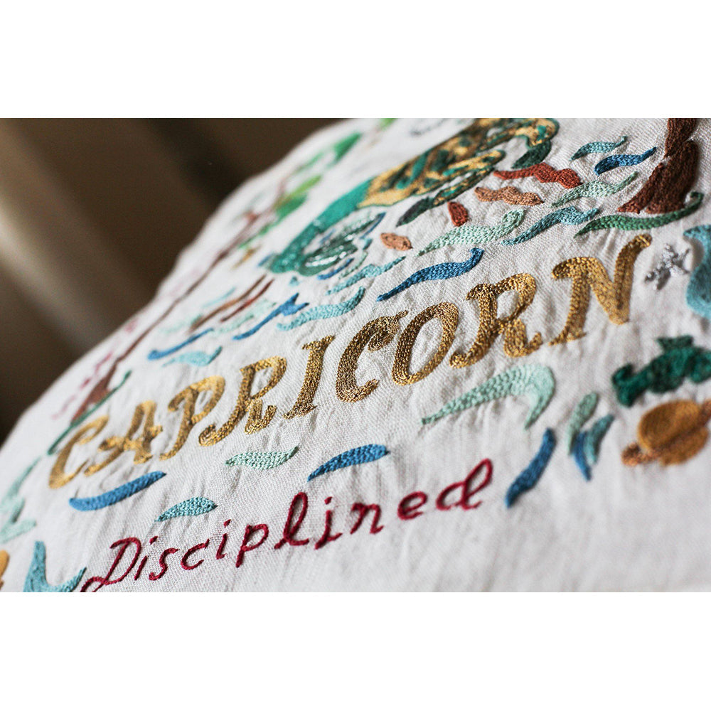 Capricorn Astrology Hand-Embroidered Pillow by Cat Studio