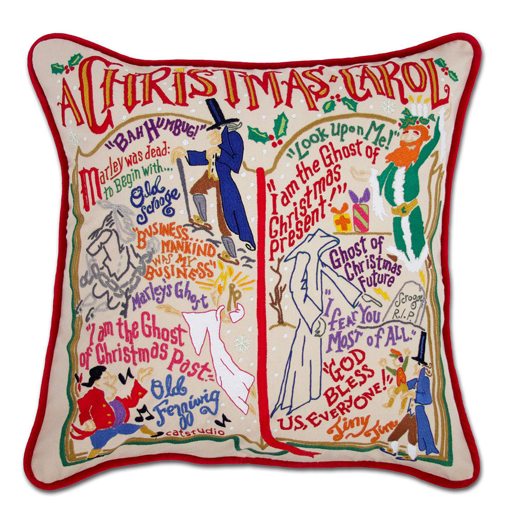 Christmas Carol Hand-Embroidered Pillow by Cat Studio