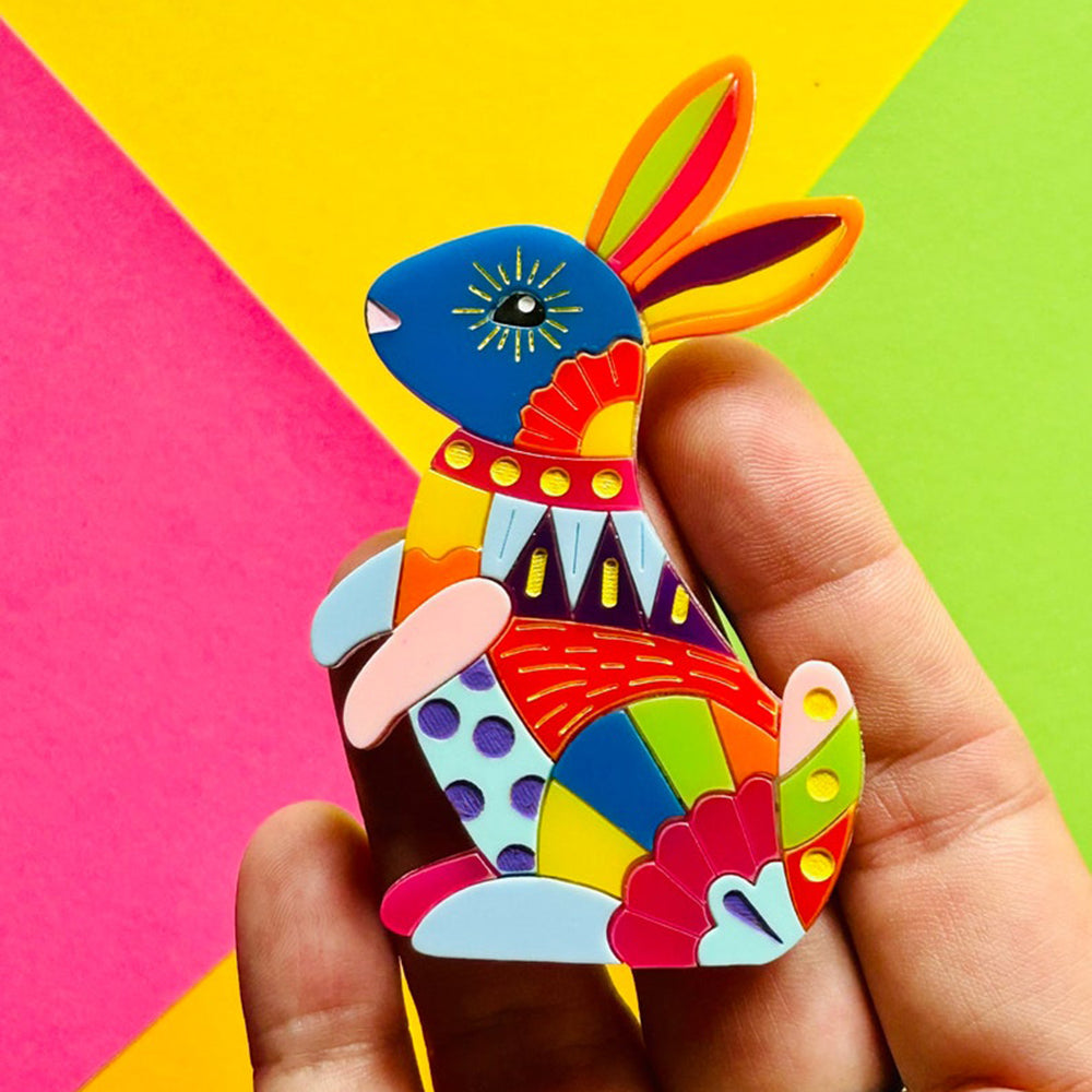 Mexican Folk Art Collection - Acrylic Brooch with Alebrije Rabbit by Makokot Design