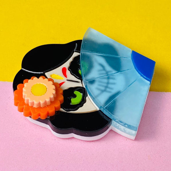 Day of the Dead 2021 Collection - Coccotte Calavera Head with Fan Acrylic Brooch by Makokot Design