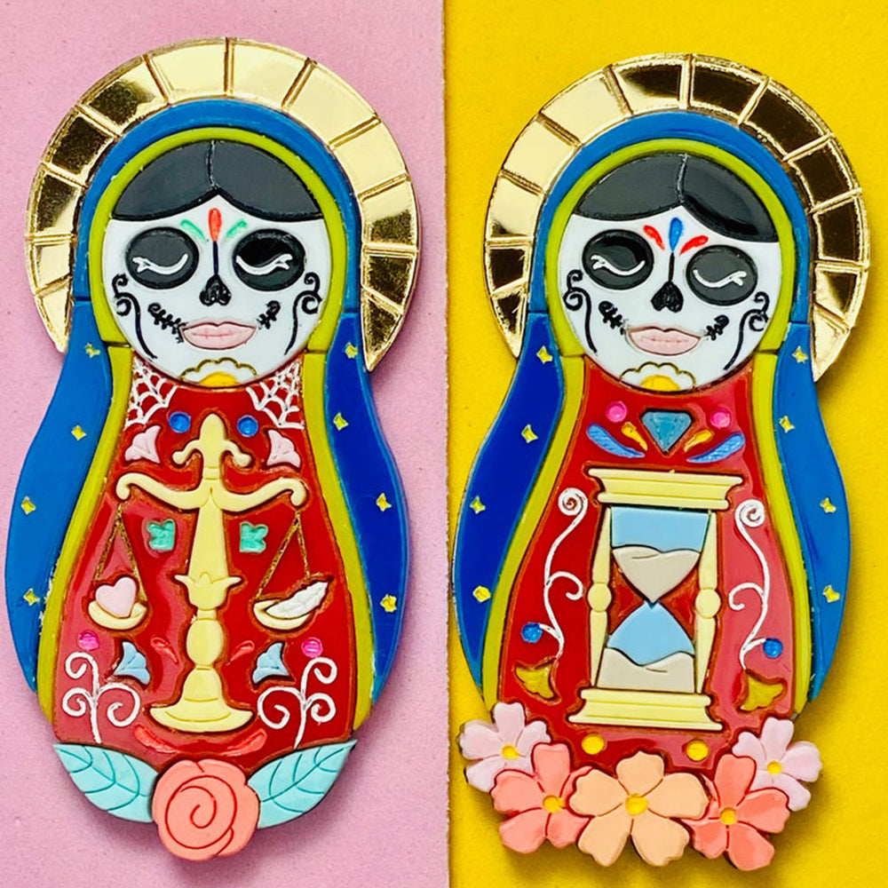Day of the Dead 2021 Collection - Santa Muerte Russian Doll Acrylic Brooch by Makokot Design