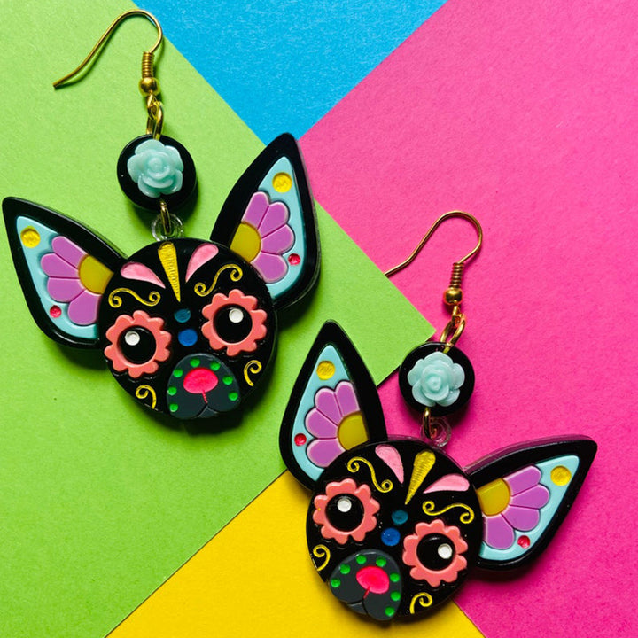 Day of the Dead 2022 - Chihuahua Skull Acrylic Brooch + Earrings by Makokot Design
