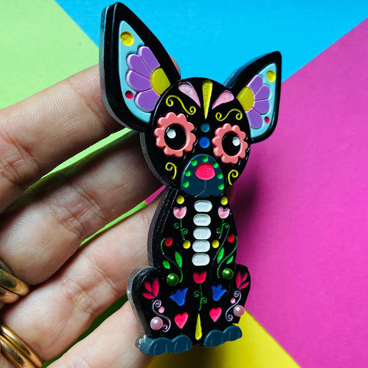 Day of the Dead 2022 - Chihuahua Skull Acrylic Brooch + Earrings by Makokot Design