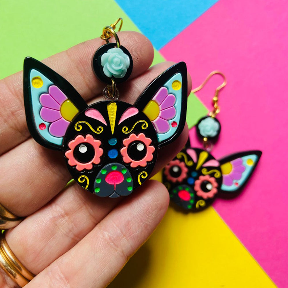 Day of the Dead 2022 - Chihuahua Skull Acrylic Brooch + Earrings by Makokot Design