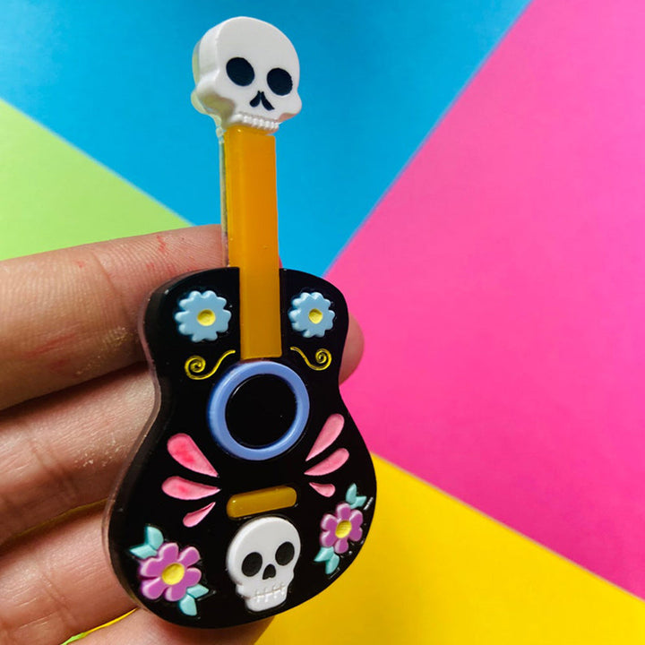Day of the Dead 2022 - Mariachi Guitar with Skulls Acrylic Brooch by Makokot Design