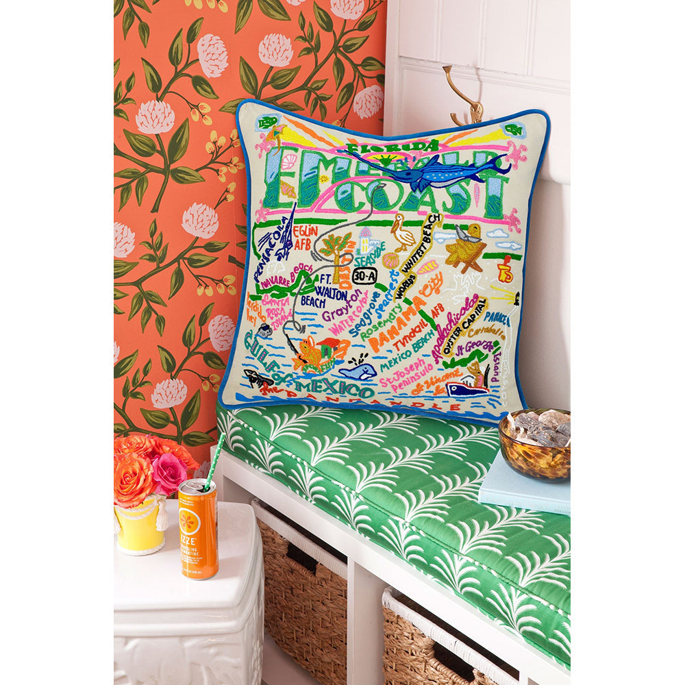 Emerald Coast Hand-Embroidered Pillow