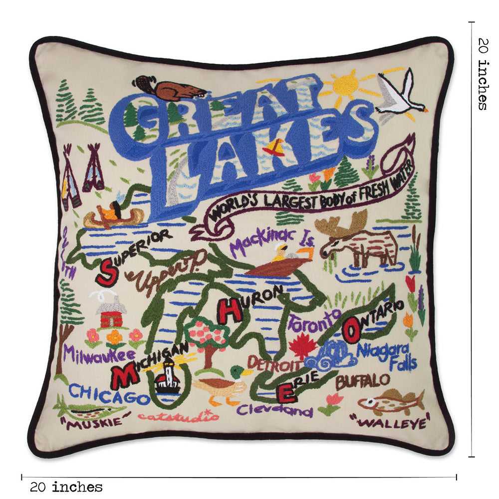 Great Lakes Hand-Embroidered Pillow