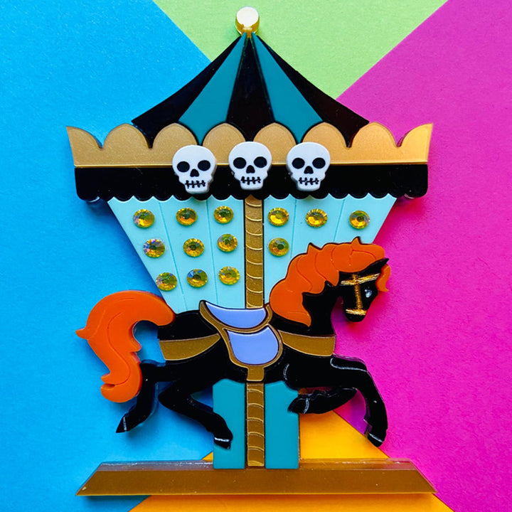 Halloween 2022 - Creepy Funfair Collection - Carousel Horse with Skulls Acrylic Brooch by Makokot Design
