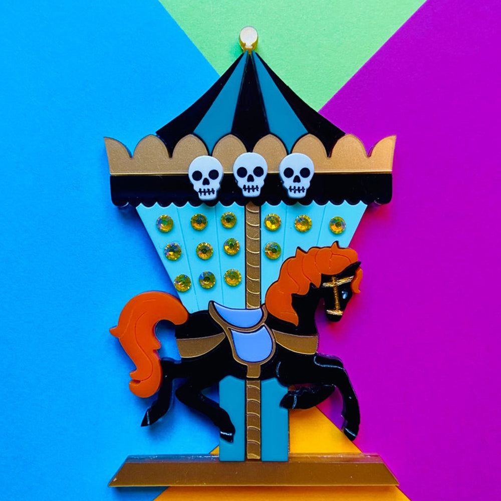 Halloween 2022 - Creepy Funfair Collection - Carousel Horse with Skulls Acrylic Brooch by Makokot Design