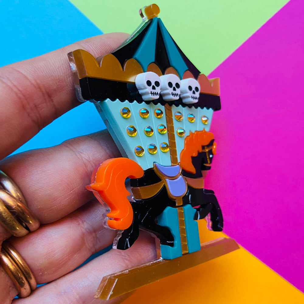 Halloween 2022 - Creepy Funfair Collection - Carousel Horse with Skulls Acrylic Brooch by Makokot Design