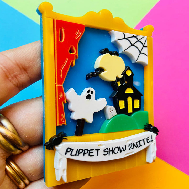 Halloween 2022 - Creepy Funfair Collection - Scary Puppet Show Acrylic Brooch by Makokot Design