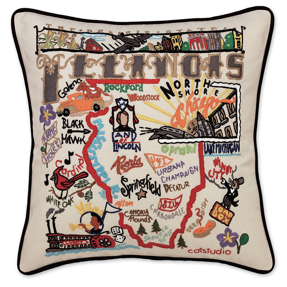 Illinois Hand-Embroidered Pillow