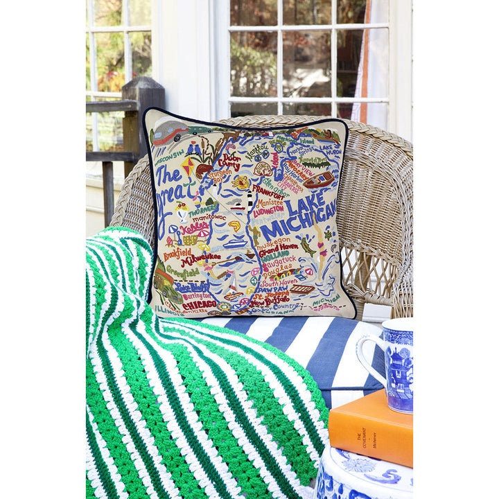 Lake Michigan Hand-Embroidered Pillow