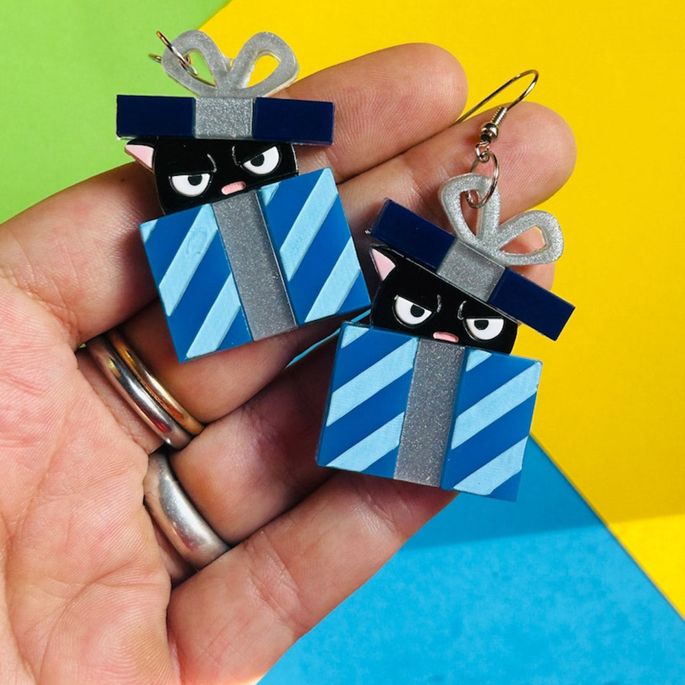 Meowy Christmas Collection - "Angry Cat in Christmas Gift Box" Acrylic Earrings by Makokot Design