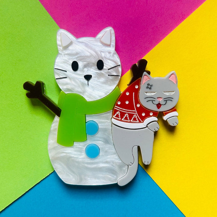 Meowy Christmas Collection - "Cat Stuck in Snowman" Acrylic Brooch by Makokot Design