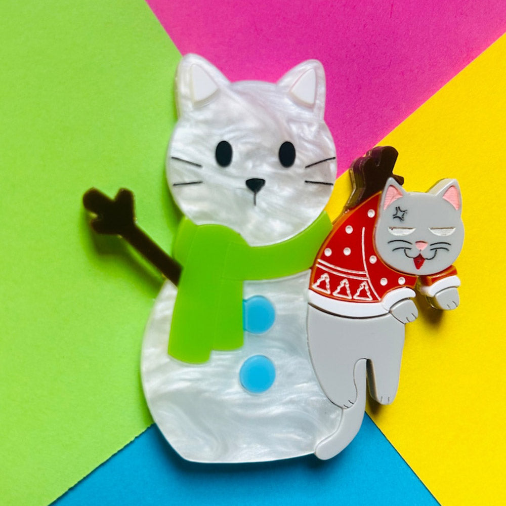 Meowy Christmas Collection - "Cat Stuck in Snowman" Acrylic Brooch by Makokot Design