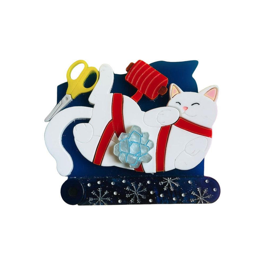 Meowy Christmas Collection - "Do You Really Want to Wrap Your Gift?!" Acrylic Brooch by Makokot Design