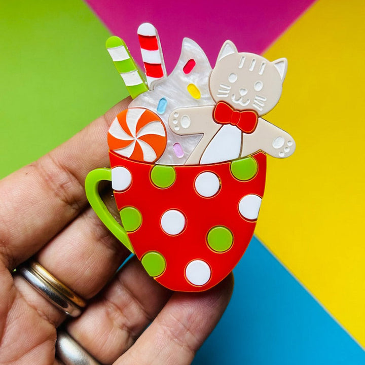 Meowy Christmas Collection - "Gingerbread Cat with Marshmallows Mug" Acrylic Brooch by Makokot Design